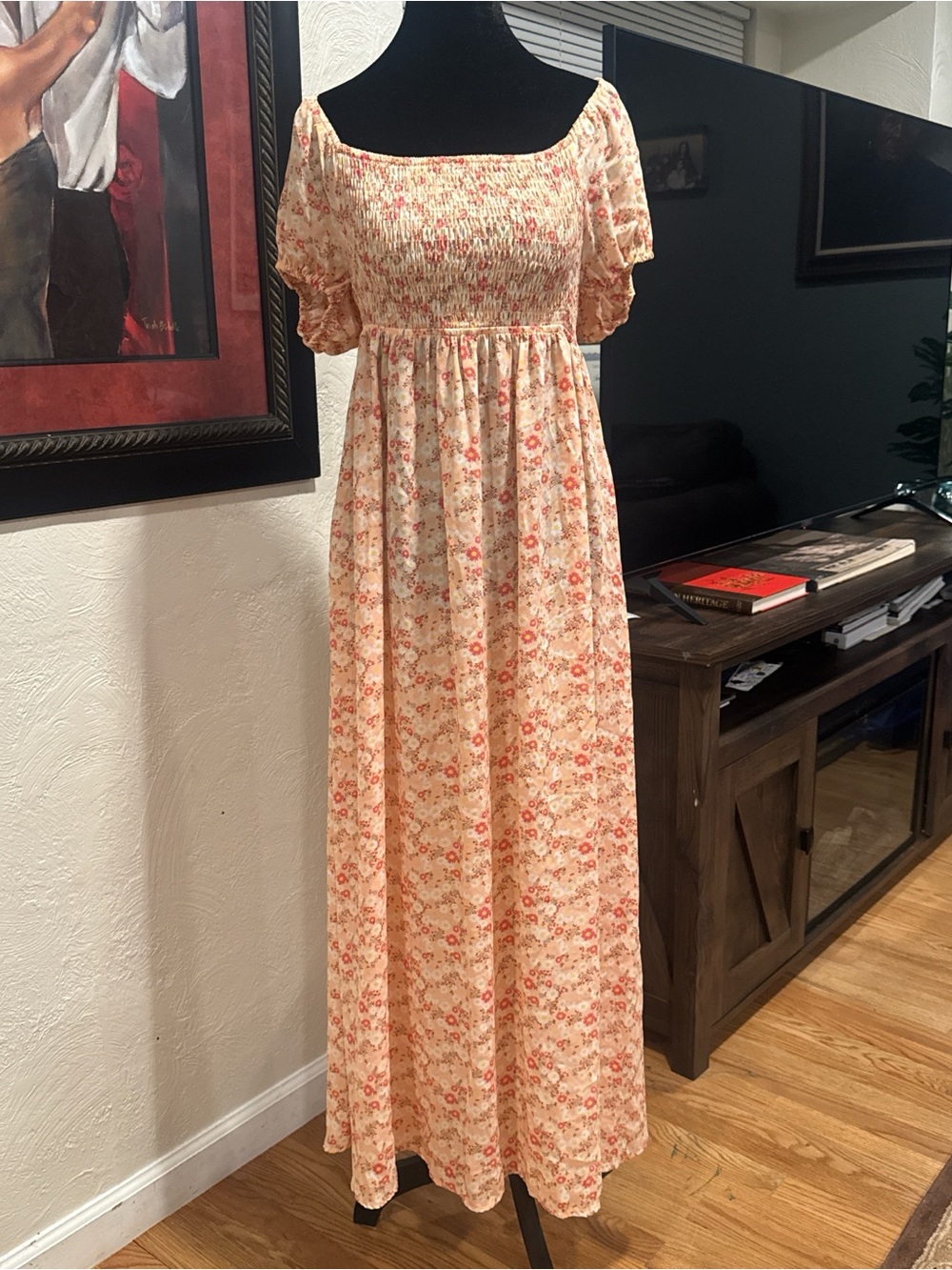 Floral Smocked Empire Waist Maxi Dress in Peach